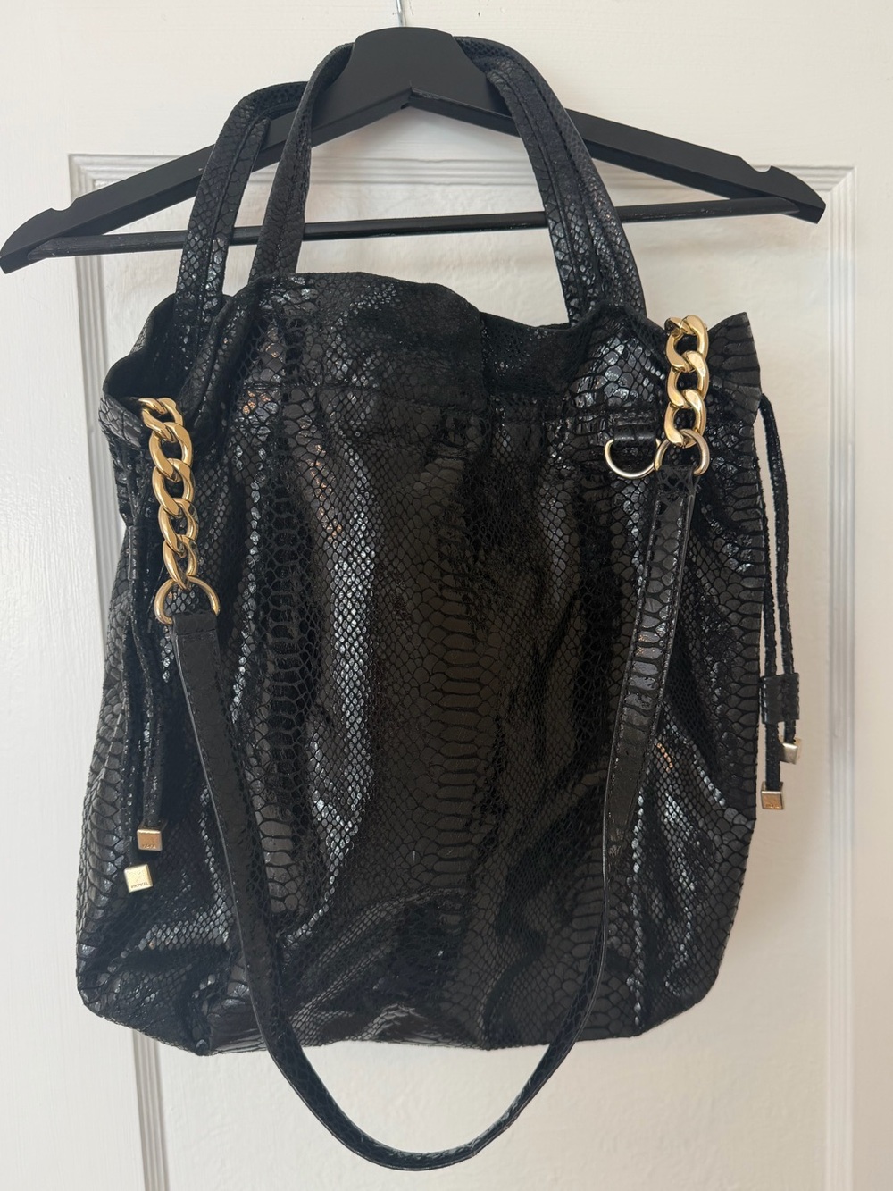 Michael Kora Black Snake-Embossed Tote with Gold Chain Accents